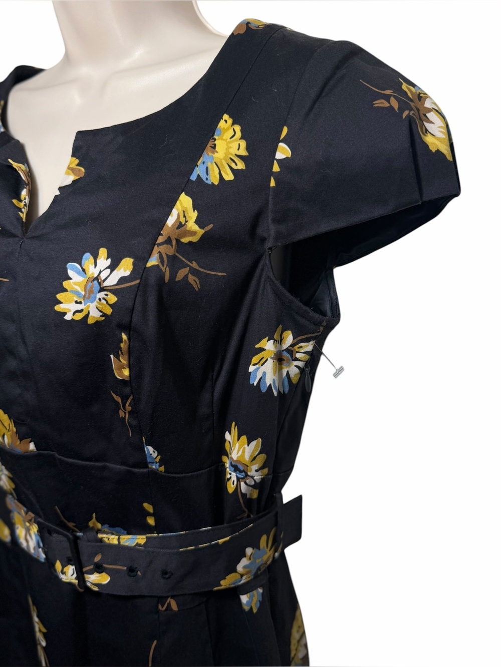 Boden Floral Black Belted Pencil Skirt Dress With Slit And Side Pocket Women 6R - Picture 2 of 14